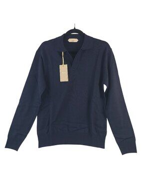 Aurelien Men's Navy Cashwool Buttonless Polo Sweater Made In Italy Size Medium